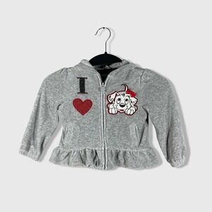 Vintage Disney 101 Dalmatians Zip Up Hoodie Girls 2T Grey Velour Ruffle Retro